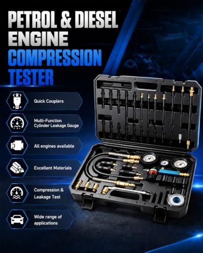 47PCS Compression and Leak Down Tester Kit for Diesel & Petrol | Dual Gauge Design, 0-700 PSI/0-50 Bar, HDi, TDCi, Pumpe Duse, Engine Compression And Leak Testing