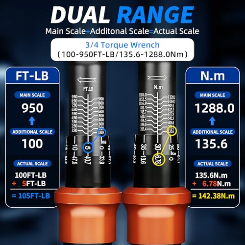 Torque Wrench 3/4-Inch Drive Dual Range Scales 100-950ft.lb/135.58-1288.03Nm, ±3% Precision, 48 tooth Dual-direction Torque Wrenches for Car Truck Maintenance and Product Assembly - size: 【3/4-Inch DR.100-950 FT.LB】