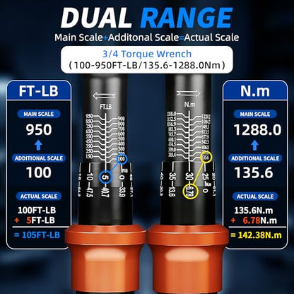 Torque Wrench 3/4-Inch Drive Dual Range Scale 100-950ft.lb/135.58-1288.03Nm | ±3% Precision, 48 tooth Dual-direction Torque Wrenches for Car Truck Maintenance and Product Assembly - size: 【3/4-Inch DR.100-950 FT.LB】