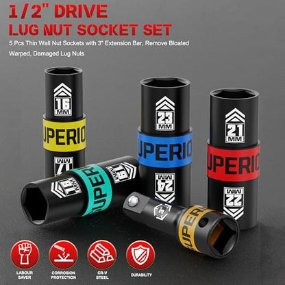 1/2" Drive Lug Nut Socket Set, 16-24 mm Flip Socket Set, 5 Pcs Thin Wall Nut Sockets with 3" Extension Bar, Remove Bloated Warped, Damaged Lug Nuts - size: 5PCS：16MM-24MM