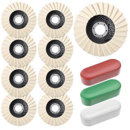12 Pcs Thicken Wool Polishing Wheel Disc and Polishing Compounds Kit | Arbor Buffing Wheel 3 Buffing Compound 4-1/2" x 7/8" Felt Flap Disc for Angle Grinder Multi Surface Metal Wood Automotive