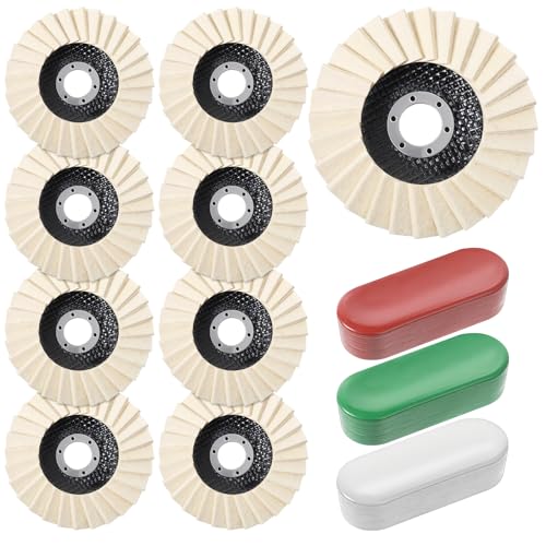 12 Pcs Thicken Wool Polishing Wheel Disc and Polishing Compounds Kit | Arbor Buffing Wheel 3 Buffing Compound 4-1/2" x 7/8" Felt Flap Disc for Angle Grinder Multi Surface Metal Wood Automotive