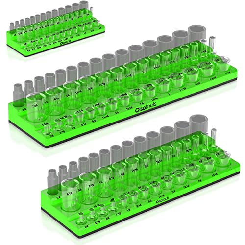 Olsa Tools Magnetic Socket Organizer - 1/4", 3/8" & 1/2-Inch Drive SAE Socket Holder Set - Professional Tool Holder and Organizer - Stores up to 123 Sockets - Green - Part: 1561 - color: Green, size: 1/4", 3/8", 1/2-Inch Drive SAE