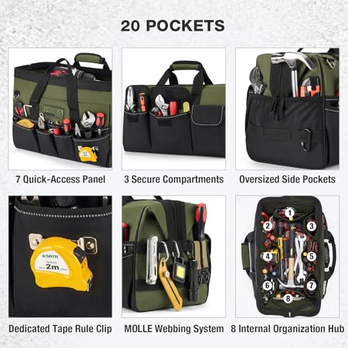 HISEA Heavy Duty Tool Bag 20 Pockets, 16-Inch Portable Tool Box Organizer | Waterproof, Wide Mouth, Large Storage Toolbag for Electrician, Tradesman, with Adjustable Shoulder Strap, Soft Handle