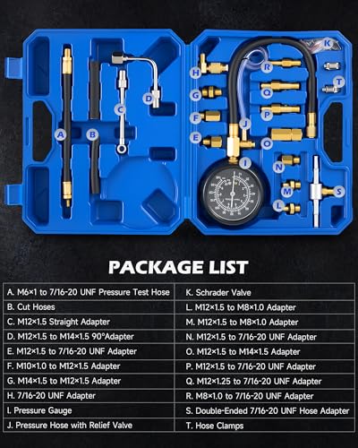 OMT Fuel Injection Pressure Tester Kit With 140 PSI Gauge, Quick Fittings | Durable Brass & Aluminum Connectors; Gasoline Pump Diagnostic Hoses; Vehicle Maintenance; For Professional Auto Mechanics