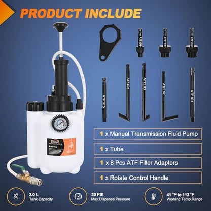 GOOACC Transmission Fluid Pump Kit 3L Automotive Manual Oil Pump Extractor ATF Refill Dispenser Transfer Pump with 8 ATF Filler Adapters Oil Filling Filler Manual System Fluid Extractor Pump Tool Kit - size: 3L