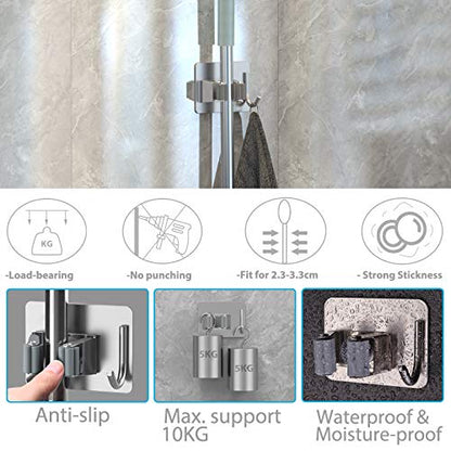 homeasy Mop Broom Holder No Drill, Mop Broom Organizer Wall Mounted Heavy Duty with Hooks Hanger, Self Adhesive Stainless Steel 4Pcs for Bathroom, Kitchen, Office (Silver) - color: Silver