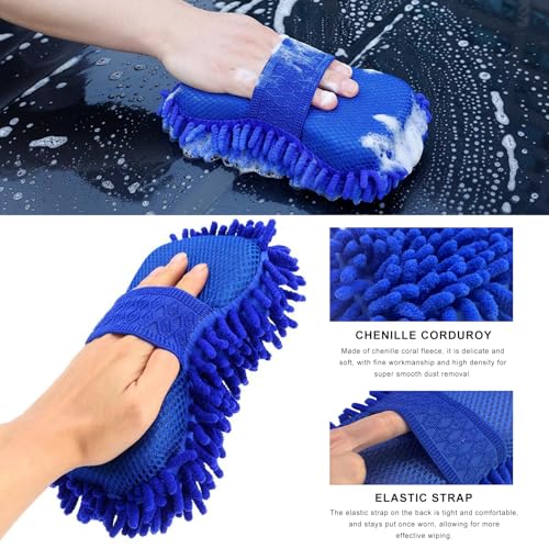 Microfiber Car Wash Sponge, Scratch-Free Vehicle Washing Mitt with Chenille & Mesh Sides, Highly Absorbent Sponge Lint-Free Cleaning Tool for Car Washing & Detailing (Blue) - color: Blue