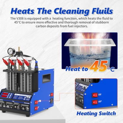 BELEY V308 Fuel Injector Cleaner Tester Machine with Heated Ultrasonic | 4-Cylinder Injector Cleaner Featuring Visual Spray Pattern, Flow Rate & Leak Test for 12V Gasoline Car & Motorcycle Injectors - size: ‎Standard Fuel lnjector