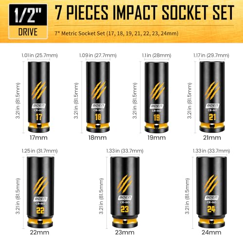 BOEN 7-Piece 1/2" Drive Impact Socket Set, Deep Metric Lug Nut Socket Set (17, 18, 19, 21, 22, 23, 24 mm), CR-MO Steel, Deep Embossed and Painted Marking, 6-Point Design