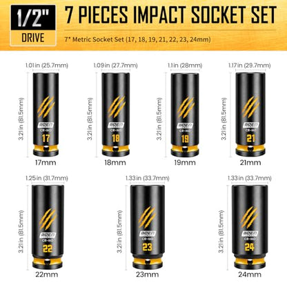 BOEN 7-Piece 1/2" Drive Impact Socket Set, Deep Metric Lug Nut Socket Set (17, 18, 19, 21, 22, 23, 24 mm), CR-MO Steel, Deep Embossed and Painted Marking, 6-Point Design