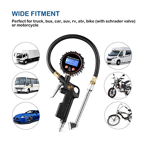 CZC AUTO Digital Tire Inflator Pressure Gauge, LED Display Tyre Deflator Gage with Dual Head Chuck Rubber Hose MNPT Fitting, Compatible with Air Pump Compressor for Truck RV Car Motorcycle Bike Bus