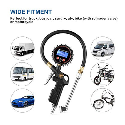 CZC AUTO Digital Tire Inflator Pressure Gauge, LED Display Tyre Deflator Gage with Dual Head Chuck Rubber Hose MNPT Fitting, Compatible with Air Pump Compressor for Truck RV Car Motorcycle Bike Bus