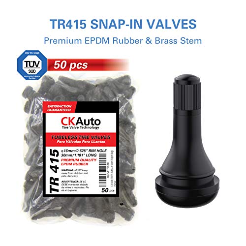 CKAuto TR415 Tubeless Rubber Snap-in Tire Valve Stems, Black, 50 Pcs/Bag | EPDM Rubber, for Standard .453" 11.5 mm Rim Holes, Compatible with Most Cars, SUVs, Light Trucks, and Trailers - size: TR415