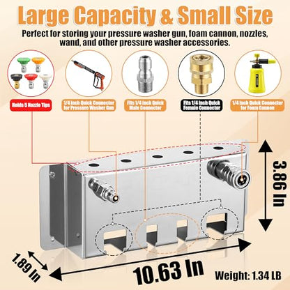 FIXFANS Pressure Washer Foam Cannon Holder, Wall Mounted | Power Washer Gun Storage, 1/4" Quick Connect, Nozzle Tips & Wand Extension Kit Organizer, Car Wash Accessories Rack - size: 1.89 ×10.63 × 3.86 INCH