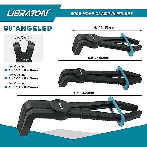 Libraton Hose Clamp Pliers - 6pc Set, Straight & 90, Plastic, Brake, Fuel, Coolant, Radiator Hose, Gas Line - style: Plastic Pilers