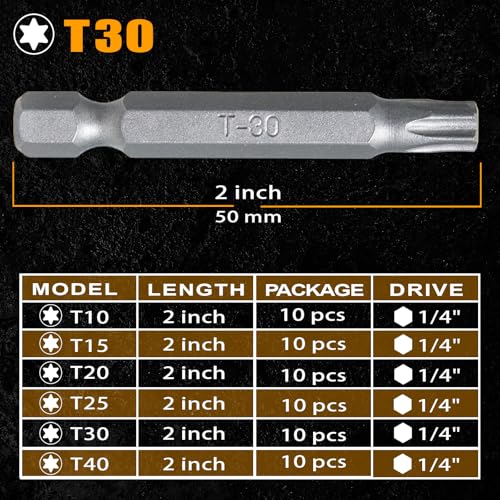 2 Inch Magnetic T30 Torx Bits, S2 Steel Star Screwdriver Bits, 1/4" Hex Shank, CNC Precision Tips, 10-Pack in Slide-Out Storage Case, Drill/Impact Driver Compatible - size: T30
