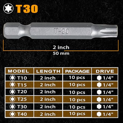 2 Inch Magnetic T30 Torx Bits, S2 Steel Star Screwdriver Bits, 1/4" Hex Shank, CNC Precision Tips, 10-Pack in Slide-Out Storage Case, Drill/Impact Driver Compatible - size: T30