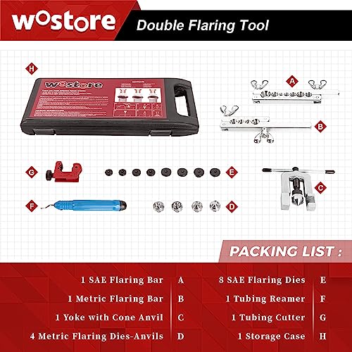 Wostore Professional Brake Line Flare Kit for Single, Double (SAE) Flares & Bubble (ISO) Flares with Tubing Cutter Pipe Reamer for 3/16-5/8" 7 Sizes - size: Flaring tool