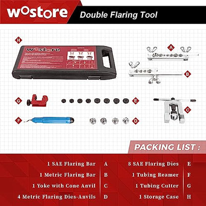 Wostore Brake Line Flare Kit, SAE Double & ISO Bubble, 7 Dies 3/16-5/8" | SAE double & ISO bubble flare tool with 7 dies (3/16-5/8"). Includes tubing cutter & pipe reamer. For brake line & fuel line. - size: Flaring tool