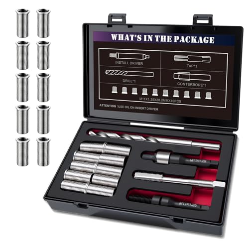 M11X1.25X28.2MM Thread Repair Kit with Insert HSS Drill, Tap, Counterbore, Installation Driver, Metric, 10PCS Stainless Steel Insert M11X1.25X28.2MM