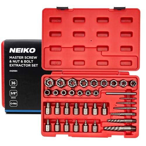 NEIKO 04208A Master Screw, Nut, & Bolt Extractor, 36 Piece Lug Nut Removal Tool, 3/8 Dr., Deep and Shallow Stripped Bolt Extractor Socket Set, Rounded Bolt Removal tool, Nut Remover Socket Set, CR-Mo - size: 36 Piece, style: Extractor Set