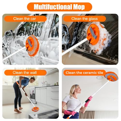 62" Car Wash Brush with Long Handle Car Cleaning Brush Kit Car Cleaning Supplies Kit Car Washing Duster Tools Accessories, 1 Chenille Scratch-Free Replacement Head Aluminum Alloy Pole (Orange) - color: Orange