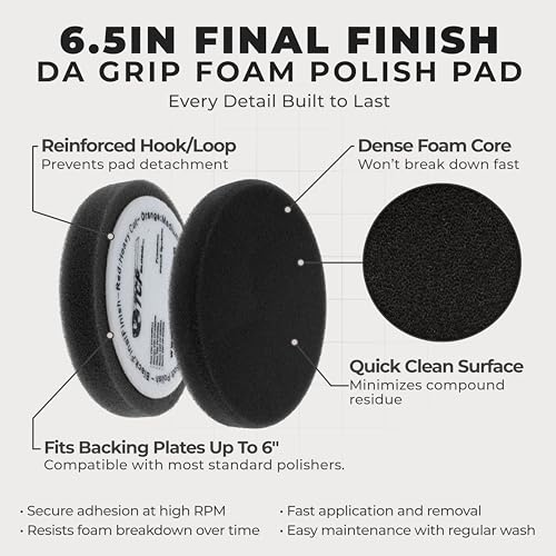 TCP Global 6.5" Black Final Finishing DA Grip Soft Foam Polish Pad - Hook & Loop Buffer Pads - Car Buffing Pads for Paint Correction, Detailing