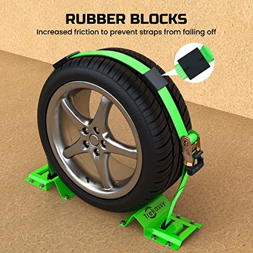 Trekassy Wheel Chock Tie-Down Kit with Rubber Blocks, (4,500lb Break Strength) Heavy Duty E Track Trailer Tire Straps for ATV, UTV, Lawn Mower- 4 Pack - size: 4 Pack