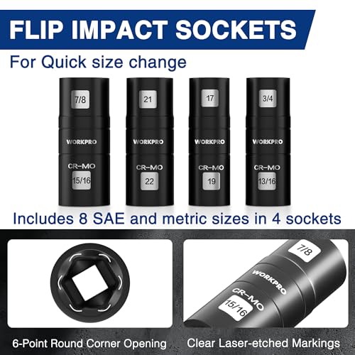 WORKPRO 5PCS Impact Socket Set 1/2" Drive, Lug Nut Socket Set, Wheel Socket Set Cr-Mo Steel, Includes 1PC 3" Extension Bar & 4PCS Flip Sockets of 6 Metric and SAE Sizes - size: 5pcs Flip Socket Set