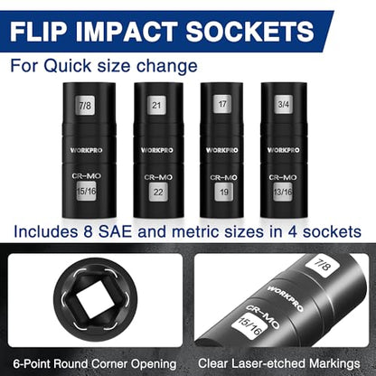 WORKPRO 5PCS Impact Socket Set 1/2" Drive, Lug Nut Socket Set, Wheel Socket Set Cr-Mo Steel, Includes 1PC 3" Extension Bar & 4PCS Flip Sockets of 6 Metric and SAE Sizes - size: 5pcs Flip Socket Set