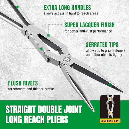 SK 13-Inch Double Compound Long Reach Pliers, Straight Long Nose Pliers With Comfort Grips, Premium CR-V Steel Construction - style: Straight