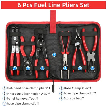 6 Pcs Fuel Line Pliers Set, Automotive Hose Removal Pliers for Auto Repair | Hose Clamp Plier Kit with Storage Bag, Includes Push Pin Pliers, Panel Removal & Electrical Disconnect Tools - color: 6 Option
