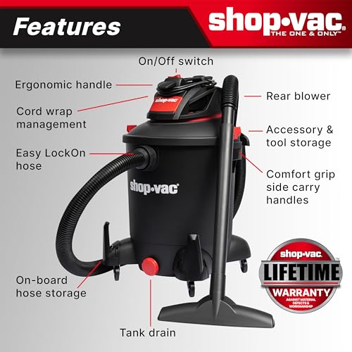 Shop-Vac 5761011 10 Gallon 4.5 Peak HP Wet/Dry Vacuum with Blower Function | 1.5" x 7-ft Hose, 12-ft Cord, Rear Blower Port, Ideal for Garage, Workshop, Home, Vehicle Cleaning