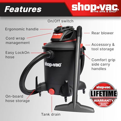 Shop-Vac 5761011 10 Gallon 4.5 Peak HP Wet/Dry Vacuum with Blower Function | 1.5" x 7-ft Hose, 12-ft Cord, Rear Blower Port, Ideal for Garage, Workshop, Home, Vehicle Cleaning