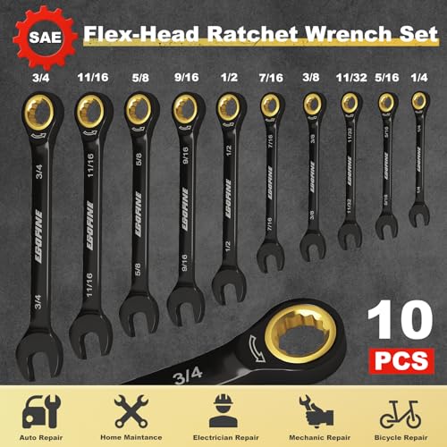 Egofine Ratcheting Wrench Set 10 Piece, SAE Wrench Set, CR-V Steel 1/4” to 3/4” Wrench, 72-Teeth Combination wrench set, Black Electrophoretic Coating Ratchet Wrenches Set with Tool Roll Bag - style: SAE-10 piece set