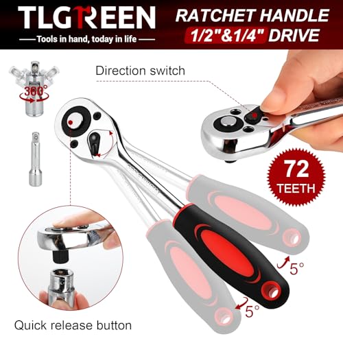 TLGREEN 108 Pcs Mechanic Socket Tool Kit,CR-V Steel Metric And 1/4" & 1/2" Ratchet set,Universal Joint,Extension Bars,Adapter,Quick Release Ratchet Wrench,Tool Box Set for Car Garage Dorm