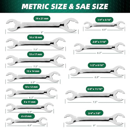 PRIDE&CRAFT 12-Piece Flare Nut Wrench Set, Metric & SAE,6-21mm & 1/4" to 7/8", CR-V Steel, 15°Offset Design, Brake Line Wrench Set with Organizer Pouch - size: 12pc Metric & Sae Standard