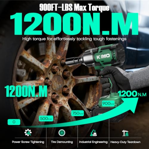 KIMO Impact Wrench 1/2 Inch, 890Ft-Lbs(1200N.m), 4000RPM/2900IPM Brushless Motor High Torque Impact Driver w/Battery, 3 Modes, Variable Speeds, LED Light, Cordless Impact Gun for Car/Truck, 2x4.0Ah - size: 2x4.0Ah