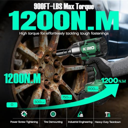 KIMO Impact Wrench 1/2 Inch, 890Ft-Lbs(1200N.m), 4000RPM/2900IPM Brushless Motor High Torque Impact Driver w/Battery, 3 Modes, Variable Speeds, LED Light, Cordless Impact Gun for Car/Truck, 2x4.0Ah - size: 2x4.0Ah