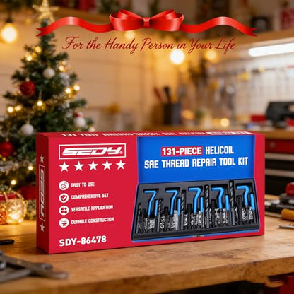 SEDY SAE Thread Repair Helicoil Kit - 131PC with HSS Drill Bits, Inserts, Taps, and Breakoff Tools for Rethreading on Metal, Engine, Pipe Repair - Sizes 1/4" 5/16" 3/8" 7/16" 1/2" - size: 131-Pc SAE Classic Kit