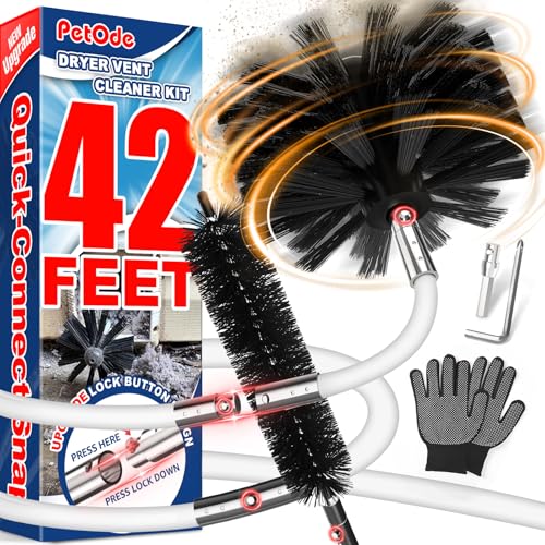 PetOde 42-Feet Dryer Vent Cleaner Kit, Lint Remover，Upgraded Flexible Quick-Snap Brush with Drill Attachment,Extends Up to 42 FEET for Easy Cleaning，Cleaning Tools Use with/Without a Power Drill（New） - size: 41 feet