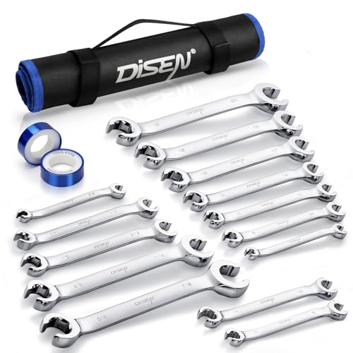 DISEN 16-Piece Flare Nut Wrench Set with PTFE Tape | Metric and SAE Inch1/4 to 7/8" & 6-21mm, CR-V Steel Brake Line Wrench Set with Organizer Pouch,Father's Gift - style: Silver Flare Nut Wrench Set