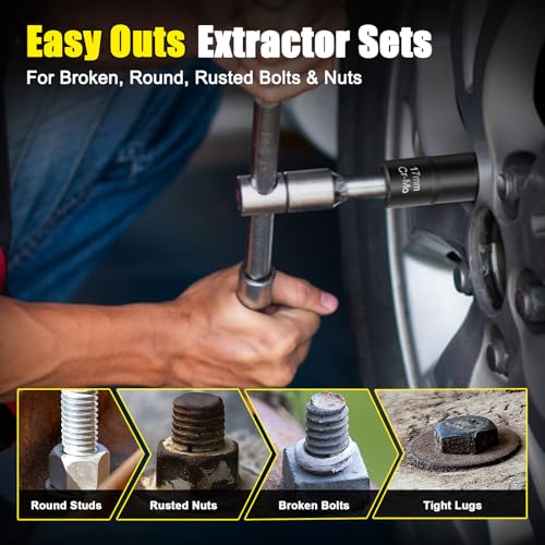 Topec Bolt Extractor Kit, 24PCS Stripped Bolt & Nut Extractor Socket Set with Adapter & Knock-Out Pin, 3/8” & 1/2” Drive Impact Wheel Lock Removal Kit for Damaged, Rusted, Rounded Nuts Bolts