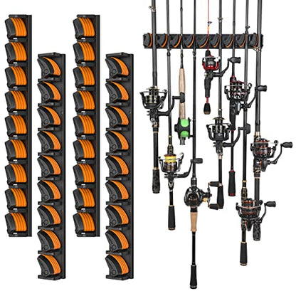 PLUSINNO V9 Vertical Fishing Rod Holders, Wall Mount 4-Pack - Holds 36 Rods, Diameter 3-19mm - style: Orange 4-pack (store 36 combos)