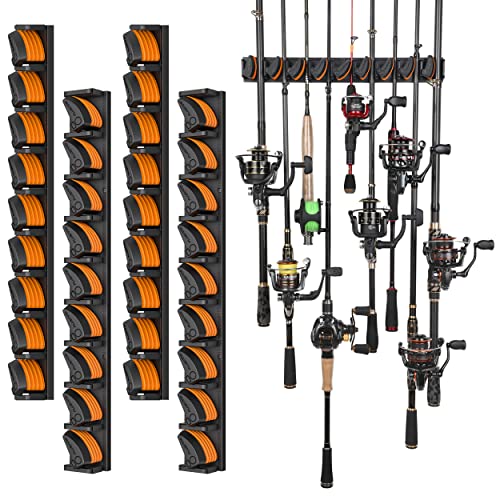 PLUSINNO V9 Vertical Fishing Rod Holders, Wall Mount 4-Pack - Holds 36 Rods, Diameter 3-19mm - style: Orange 4-pack (store 36 combos)