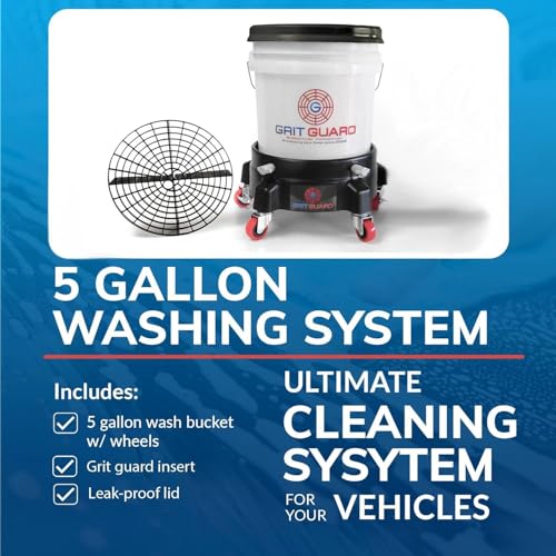 Grit Guard 5 Gallon Washing System | Includes 5 Gallon Bucket, Grit Guard, Bucket Dolly, and Gamma Seal Lid | for Car Wash and Detailing | Red - Made in the USA - color: Red