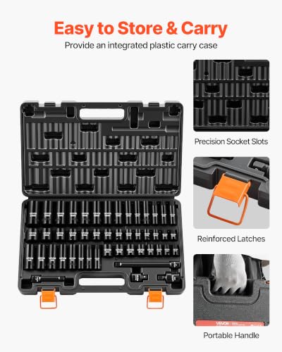 VEVOR Impact Socket Set, 3/8" Drive, 48-Piece Socket Set, 6-Point Sockets, SAE 5/16"-3/4" and Metric 8-19 mm, 21-22 mm, Easy to Identify, Cr-V Alloy Steel, Extension Bar, Adapter and Storage Cage - size: 3/8" 48 PCS