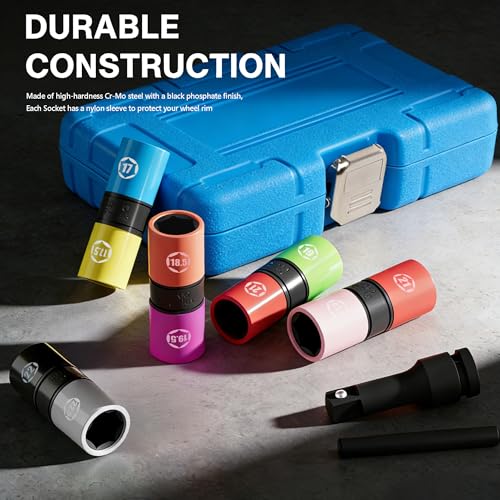 7 PCS 1/2 Inch Drive Lug Nut Socket Set, 1/2" Thin Wall Impact Flip Sockets | 17/17.5, 18.5/19.5, 19/21, 21/21.5, 22/22.5mm for Wheel lug Nuts with Non-Marring Sleeves, Knockout Bar & Extension, CR-MO - color: 7pcs