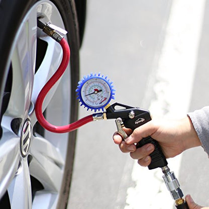 EPAuto Heavy Duty 120 PSI Tire Inflator Gauge w/Hose & Quick Connect Plug | with 1/4" Industrial Type-D Quick-Connect Plug